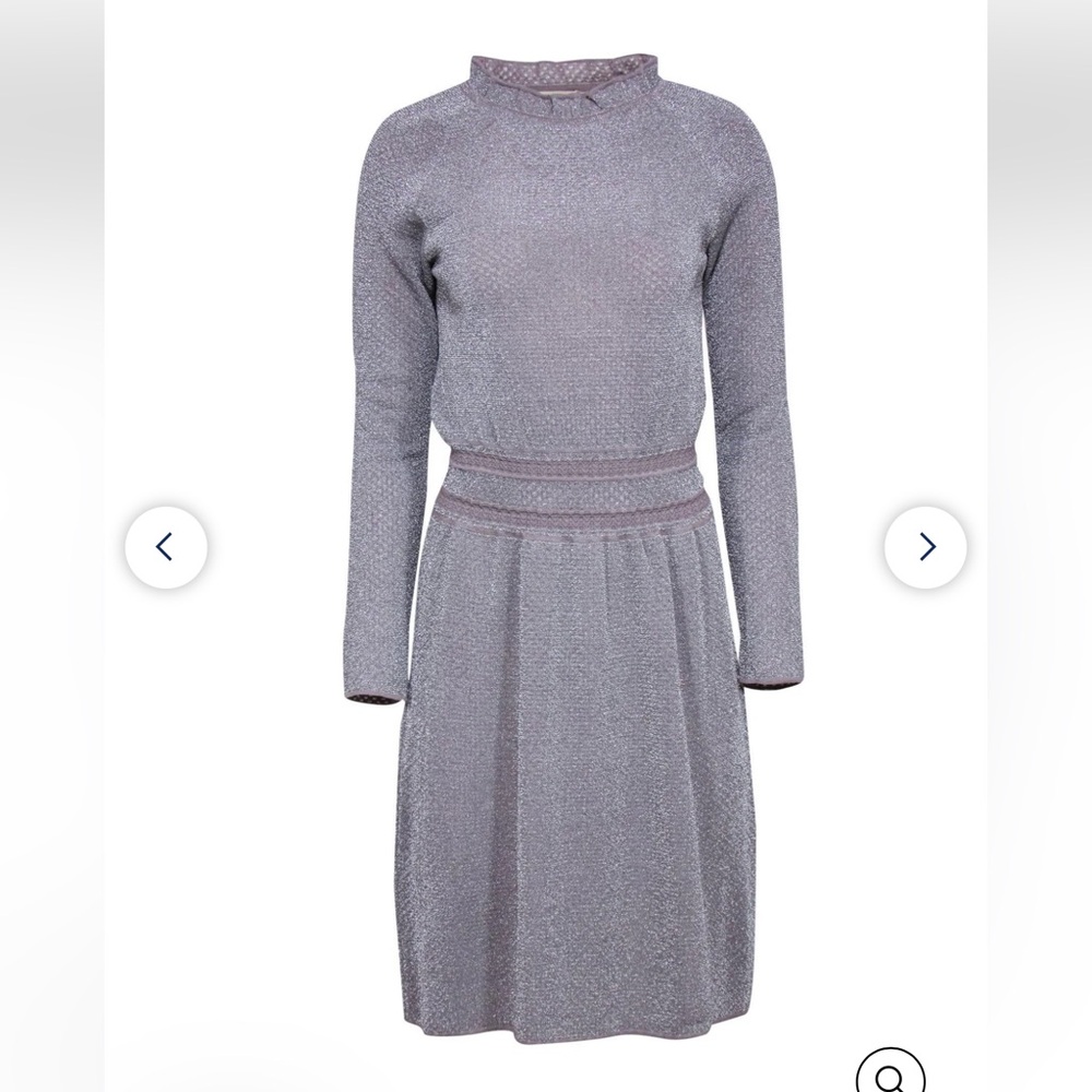 Tory Burch king fit flare metallic silver sparkle grey long sleeve dress